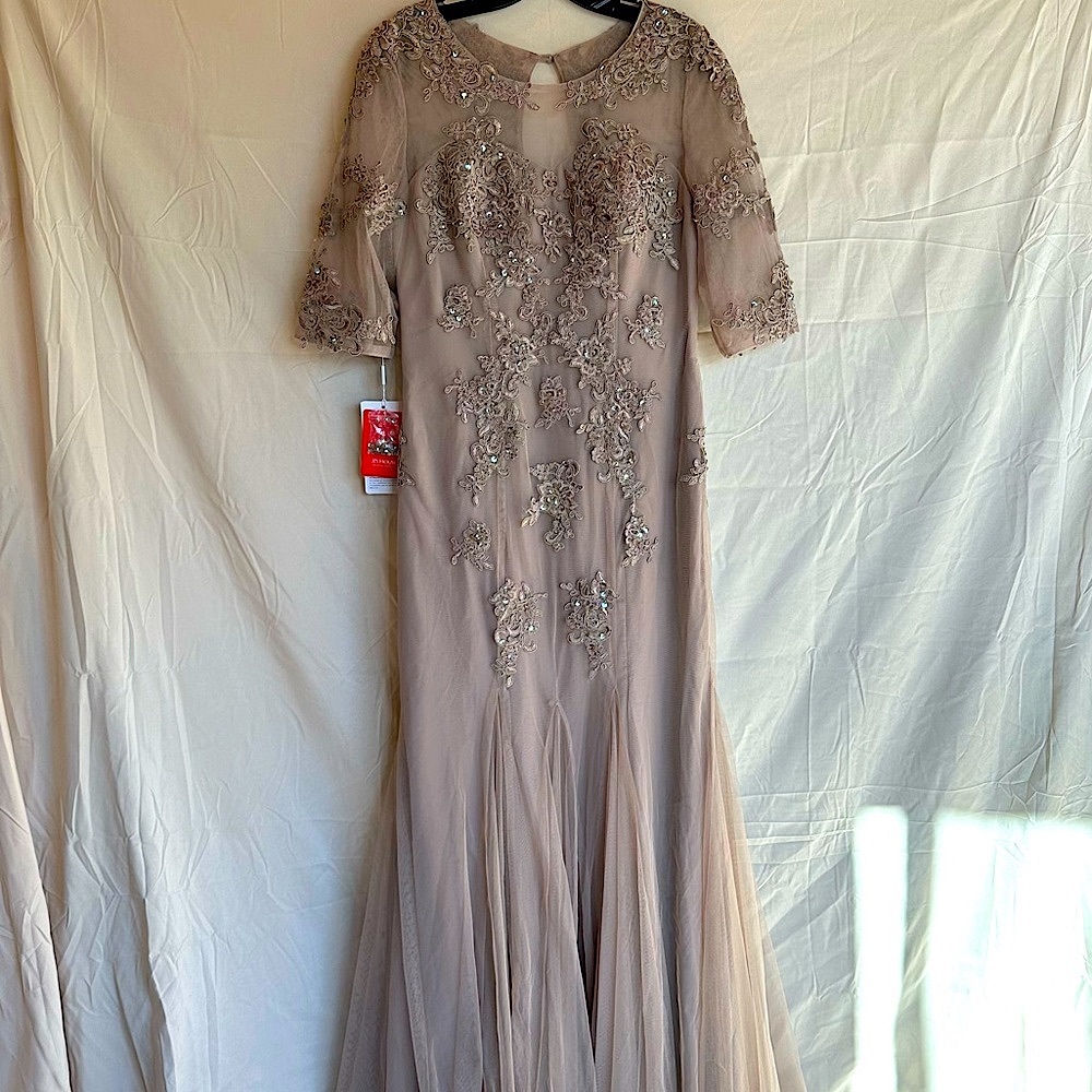 JJ’s House full length trumpet sequin and lace special occasion dress